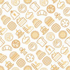 Bakery seamless pattern with thin line icons: toast bread, pancakes, flour, croissant, donut, pretzel, cookies, gingerbread man, cupcake, burger, apple pie, pizza, waffle. Modern vector illustration.