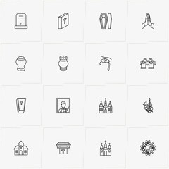 Funeral line icon set with cemetery , funeral portrait  and church