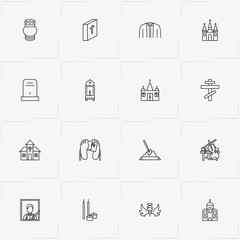 Funeral line icon set with tombstone, music instruments and church candles
