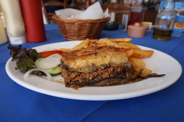 Moussaka-Traditional Greek food,Made with layers of eggplant with beef,topped with bechamel sause