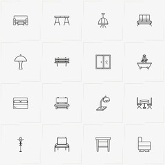 Furniture line icon set with table lamp , armchair and bed