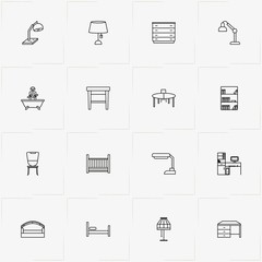 Furniture line icon set with sofa, desk  and round table