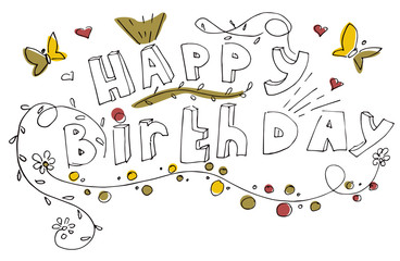 Postcard with happy birthday words on it. Cute decoration for the holiday with nice handdrawn elements