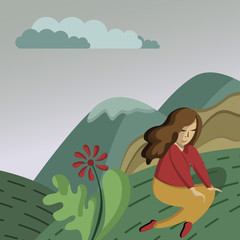 Vector illustration with a girl sitting on the grass dreaming about some wishes coming true