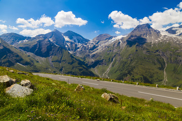 High Alpine Road in the mountains at the summer