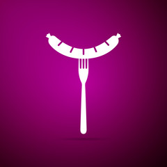 Sausage on fork icon isolated on purple background. Grilled sausage and steam sign. Flat design. Vector Illustration