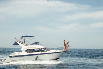 Obraz premium Beautiful Seascape with White Yacht Sailing in Blue Sea. Square Photo with Copy Space.