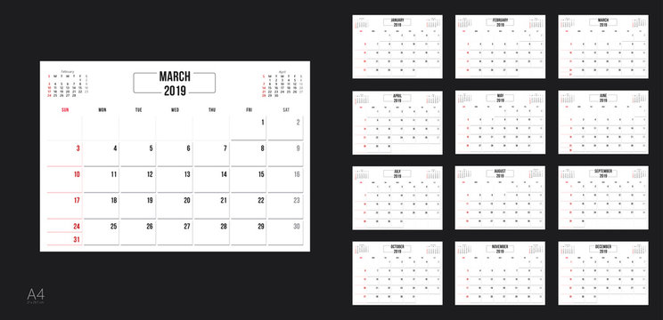 Template design of calendar planner for 2019 year with corporate style.