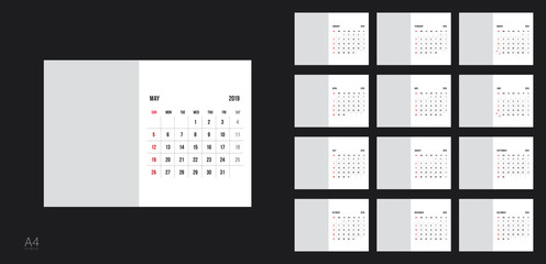 Vector design template of calendar for 2019 year.