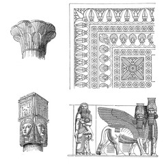 Ancient civilizations art and architecture: capital of Esna, capital of Dendera, floor ornament  and reliefs of the portal of Khorsabad