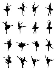 Black silhouettes of ballerinas on white background, vector