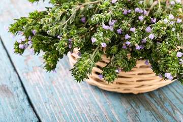 Fresh thyme in a basket over blue rustic wooden background with copyspace.