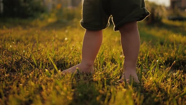 Little baby learns to walk. Slow Motion. Child to do the first steps on a green grass in summer at sunset. Close up on feet.