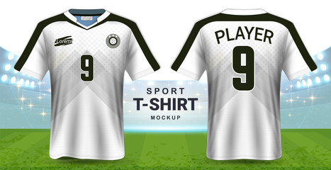 Soccer Jersey and Sportswear T-Shirt Mockup Template, Realistic Graphic Design Front and Back View for Football Kit Uniforms, Easy Possibility to Apply Your Artwork, Text, Image, Logo (Eps10 Vector)