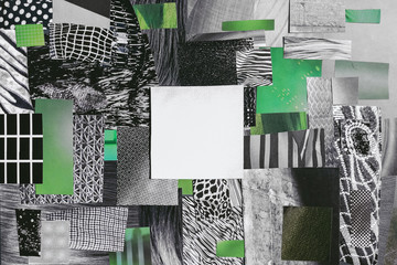 Creative dark atmosphere art mood board. Handmade collage made of magazines and torn monochrome paper cut clippings. Mixed texture background with space for text. Black, white and green colors.