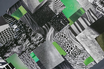 Creative dark atmosphere art mood board. Handmade collage made of magazines and torn monochrome paper cut clippings. Mixed texture background with space for text. Black, white and green colors.