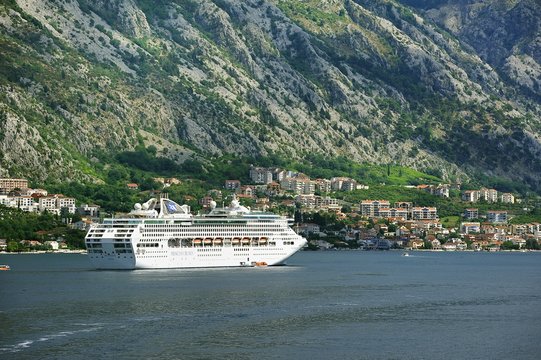 Cruise ship and tender  in Kotor Bay