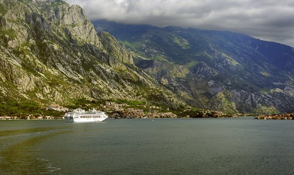 Cruise ship and tender  in Kotor Bay