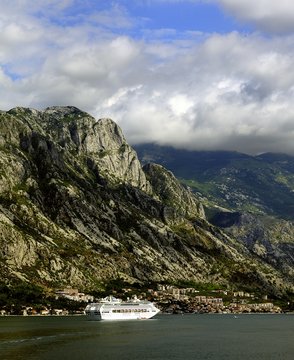 Cruise ship and tender  in Kotor Bay
