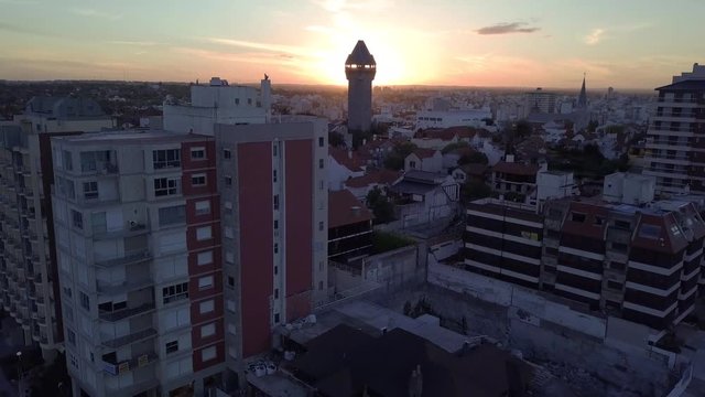 Water Tower of Mar del Plata Argentina – 4k drone video of the Water Tower Torre de Aqua Argentinian coast and downtown area of Mar del Plata in spring.  Buenos Aires Capital Federal district  