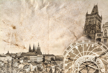 Obraz premium A composition of the main landmark of Prague in the Czech Republic - St. Vitus Cathedral, Tyn Church, Prague Astronomical Clock, Powder Tower - against the background of the panorama of Prague.