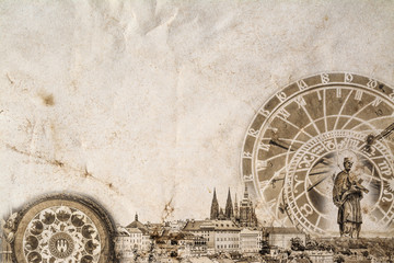 A composition of the main landmark of Prague in the Czech Republic - St. Vitus Cathedral, Tyn Church, Prague Astronomical Clock, Powder Tower - against the background of the panorama of Prague.