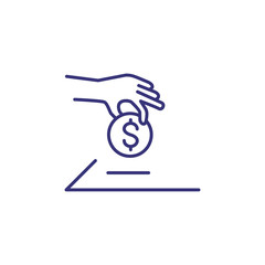Hand putting coin into slot line icon. Contribution, donation box, saving. Bank concept. Vector illustration can be used for topics like finance, money, charity