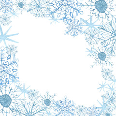Fototapeta na wymiar Winter border with blue snowflakes on white background . Hand-painted horizontal illustration for Happy New Year and Merry Christmas border