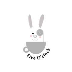 Rabbit in a gray cup.Time to drink tea, five o'clock. Monocle, clock. Icon, logo for cafe. Isolated object.