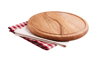 Napkin and board for pizza isolated on white. Canvas, dish towels on white background top view mock up. Selective focus.