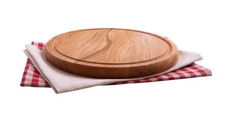Napkin and board for pizza isolated on white. Canvas, dish towels on white background top view mock up. Selective focus.