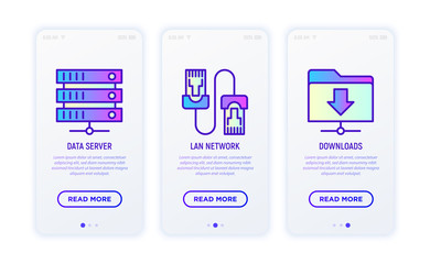 Information technology thin line icons set: data server, LAN network, downloads. Modern vector illustration for user mobile app.