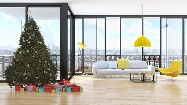 modern bright interiors apartment living room with Christmas tree, 3D rendering illustration