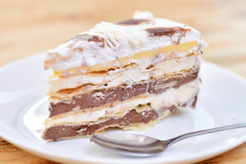 Cake on a plate. Sweet dish. A piece of baking.