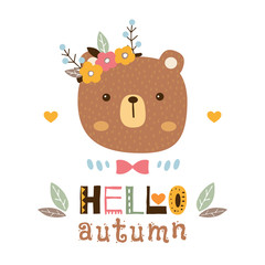 Hello autumn vector illustration. Cute bear vector card