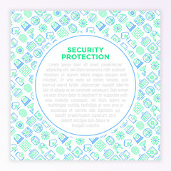 Security and protection concept with thin line icons: mobile security, fingerprint, badge, firewall, face ID, secure folder, surveillance camera, keyset, shredder. Modern vector illustration.