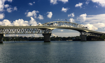 The Auckland Harbour Bridge, a motorway bridge over Waitematā Harbour in Auckland, New Zealand