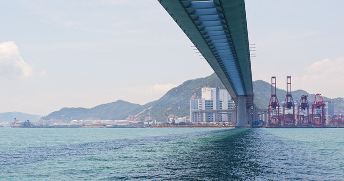 Hong Kong Container terminal port and stonecutter bridge