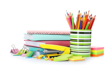 Fototapeta premium Different colorful stationery on white background. Back to school
