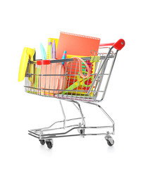 Small shopping cart with different stationery on white background. Back to school