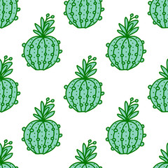 Cute hand-drawn seamless pattern with cactus. Vector illustration isolated on white
