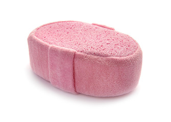 New pink bath sponge on white background