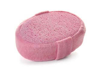 New pink bath sponge on white background