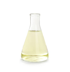 Conical flask with liquid on white background. Laboratory analysis