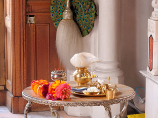 Set for worship of indian god godess idol arati with pancha pradip