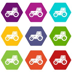 Tractor icon set many color hexahedron isolated on white vector illustration