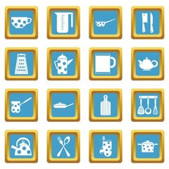 Kitchen tools and utensils icons set in azur color isolated vector illustration for web and any design