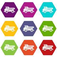 Dump truck icon set many color hexahedron isolated on white vector illustration