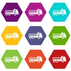 Dumper truck icon set many color hexahedron isolated on white vector illustration