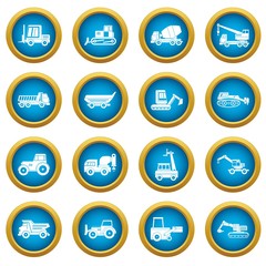Building vehicles icons blue circle set isolated on white for digital marketing